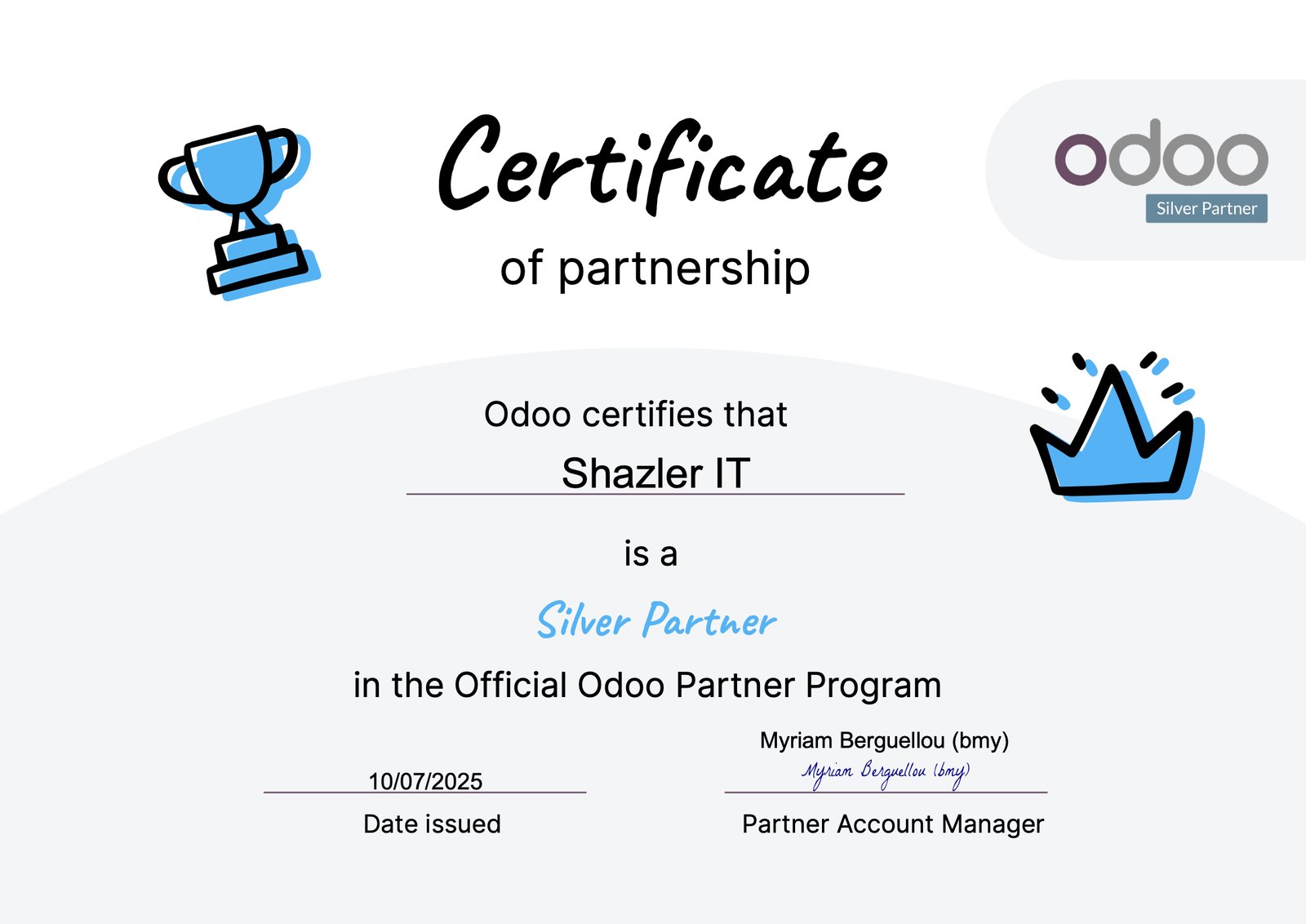 Certificat de partenariat Odoo attestant que Shazler IT est Silver Partner du programme officiel Odoo, émis le 10 juillet 2025